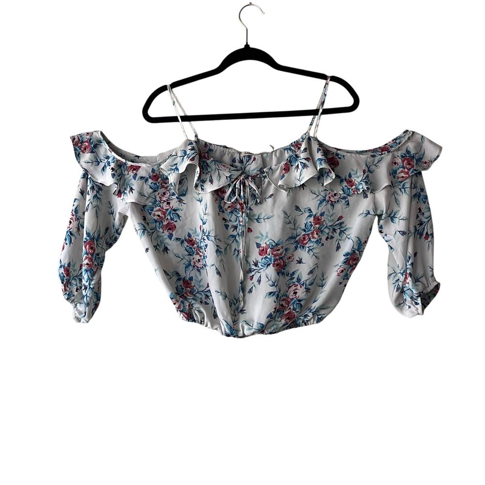 Liberty Love Women's white Floral Cold Shoulder Cropped Top/Blouse‎ Size Large